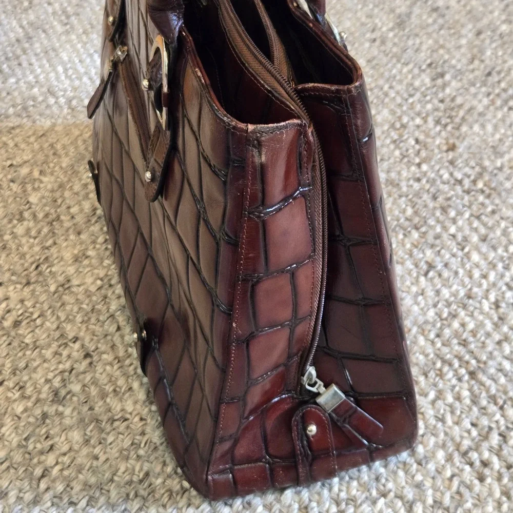 Franklin Covey Croc Embossed Leather Tote Bag Large Office Organizer Briefcase